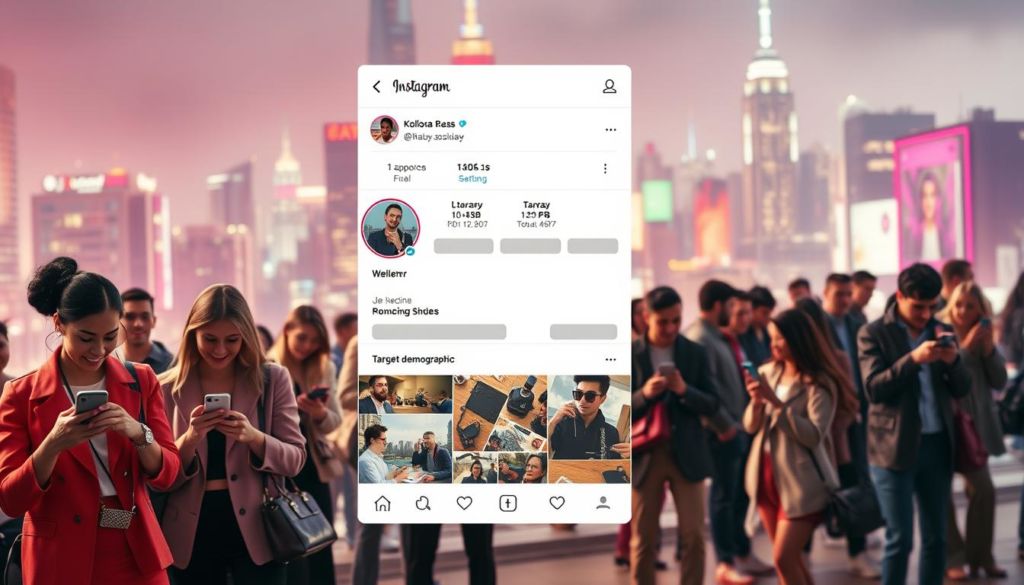 A vibrant and engaging visual representation of defining the target audience on Instagram. In the foreground, a diverse group of stylishly dressed individuals engaged in various social media-related activities, such as scrolling through their phones, taking selfies, and interacting with one another. The middle ground features a sleek, modern Instagram user interface, with icons, analytics, and targeted demographic data displayed prominently. The background showcases a dynamic, ever-changing cityscape, with skyscrapers, neon lights, and a bustling, urban atmosphere, symbolizing the global reach and influence of the platform. The lighting is soft and diffused, creating a warm, inviting ambiance, while the camera angle is angled slightly from above, giving the viewer a sense of observation and analysis. The overall mood is one of connectivity, exploration, and the power of targeted social media strategies.