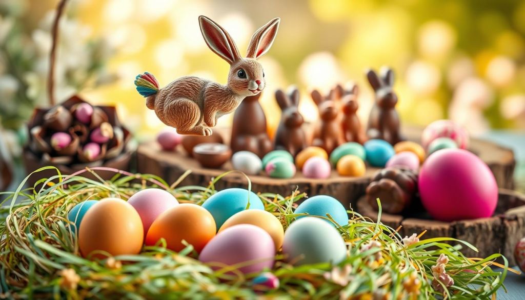 A vibrant and festive Easter campaign scene, featuring an array of seasonal decorations and symbols. In the foreground, an assortment of colorful Easter eggs, nestled in a bed of pastel-hued straw or grass. Hovering above, a delicate, hand-painted Easter bunny figurine, its expression whimsical and endearing. In the middle ground, a display of artisanal chocolate bunnies and other confectionery treats, arranged tastefully on a rustic wooden surface. The background is filled with a soft, warm light, evoking the feeling of a sun-dappled spring day. The entire composition radiates a sense of joy, warmth, and the anticipation of the Easter holiday.
