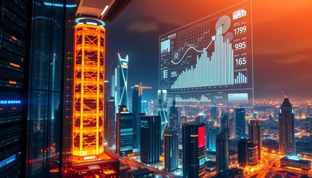 A vibrant and futuristic cityscape with towering skyscrapers, glowing with the energy of a thriving digital economy. In the foreground, a sleek and modern data center hums with activity, its servers processing vast troves of information. Above, a holographic display showcases cascading graphs and visualizations, highlighting the insights and innovations powered by big data. The scene is bathed in a warm, ambient light, creating a sense of technological progress and business opportunities. In the background, a vibrant urban landscape stretches out, symbolizing the widespread benefits of big data for enterprises and their communities.