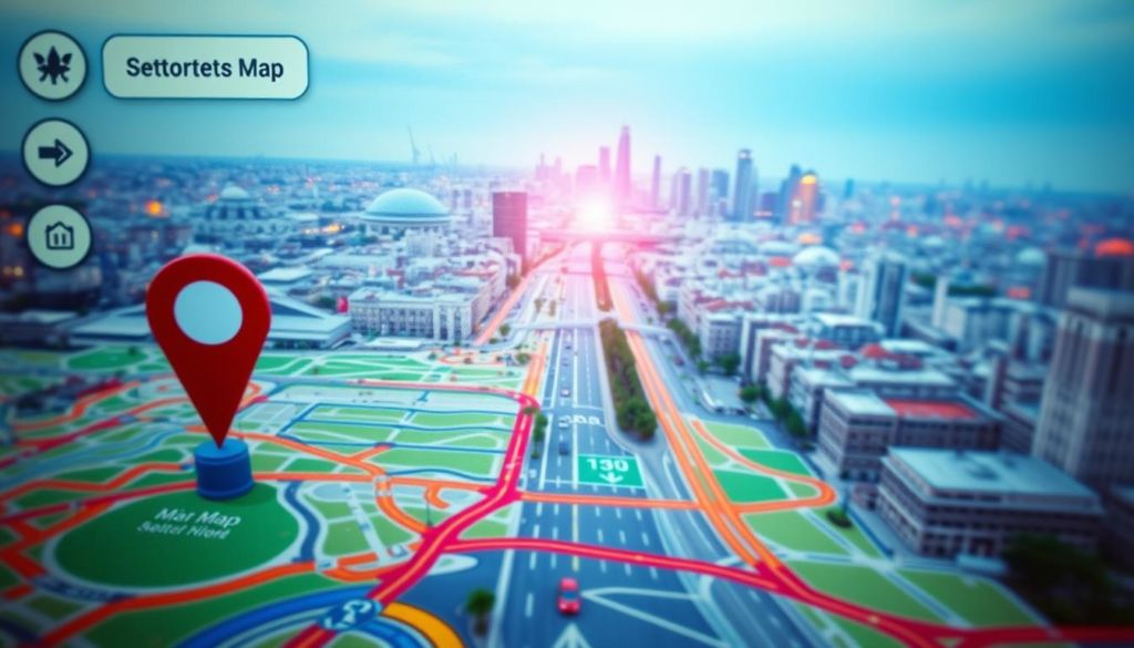 A vibrant and intuitive map application interface, showcasing a detailed city map with streets, landmarks, and transportation routes. The foreground features several navigational icons, such as a GPS marker, directional arrows, and a search bar. The middle ground depicts a seamless street view, capturing the essence of urban exploration. In the background, a soft glow emanates from the city skyline, creating a sense of depth and atmosphere. The overall scene conveys a harmonious blend of functionality and aesthetic, reflecting the user-friendly nature of modern map applications.