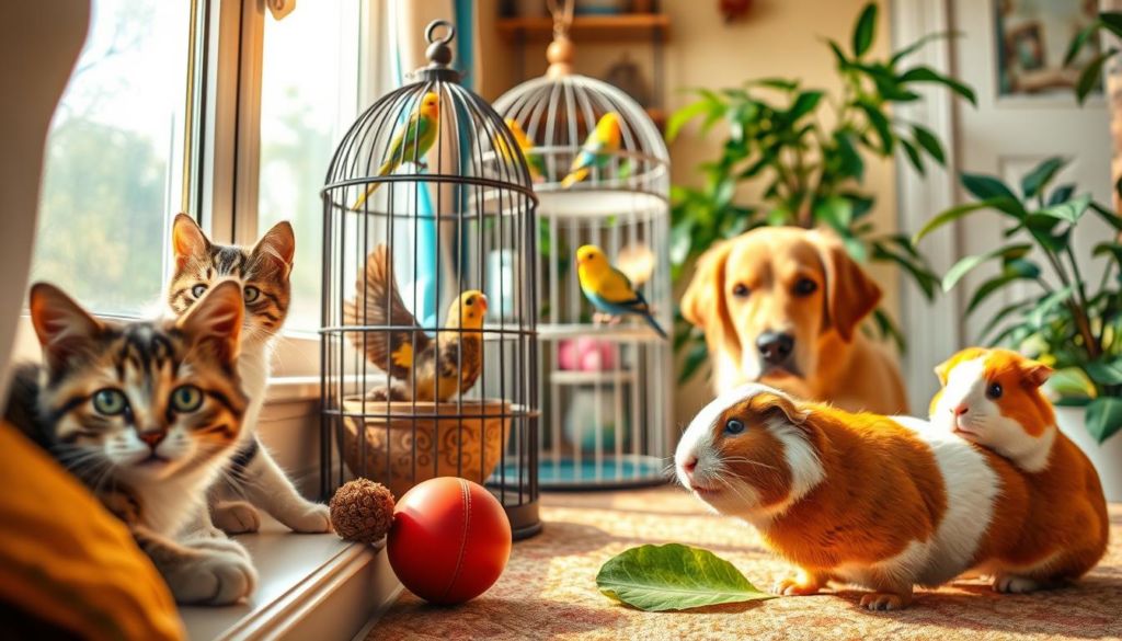 A vibrant and playful scene depicting a variety of household pets in a cozy domestic setting. In the foreground, a curious cat peers out from a sunlit windowsill, its vivid eyes and soft fur rendered in exquisite detail. Nearby, a golden retriever retrieves a favorite toy, its energetic gaze and wagging tail capturing the joy of playtime. In the middle ground, a pair of budgies flutter playfully in their ornate birdcage, their vivid plumage contrasting beautifully with the warm, natural lighting. In the background, a chubby guinea pig munches on a leafy treat, surrounded by lush houseplants that lend a sense of tranquility to the scene. The overall mood is one of warmth, comfort, and the special bond between humans and their beloved animal companions.