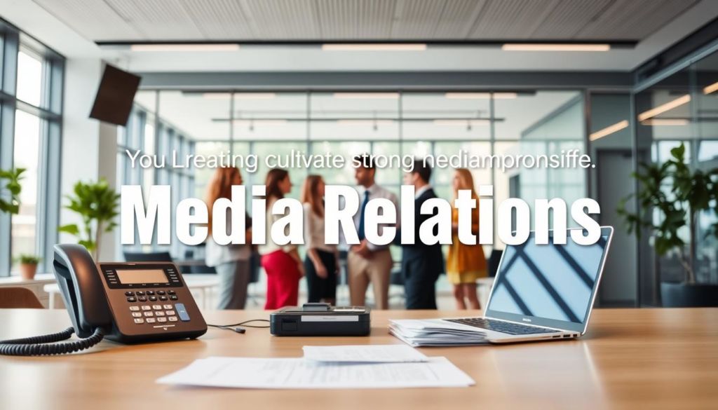 A vibrant and professional office setting, with a large desk in the foreground showcasing various communication devices - a telephone, a laptop, and a stack of papers. In the middle ground, a group of diverse people engaged in lively discussion, representing the media relations aspect. The background features a sleek, modern interior design with large windows allowing natural light to flood the space, creating an atmosphere of openness and collaboration. The overall scene conveys the importance of cultivating strong media relationships, with a sense of dynamism, professionalism, and strategic engagement.