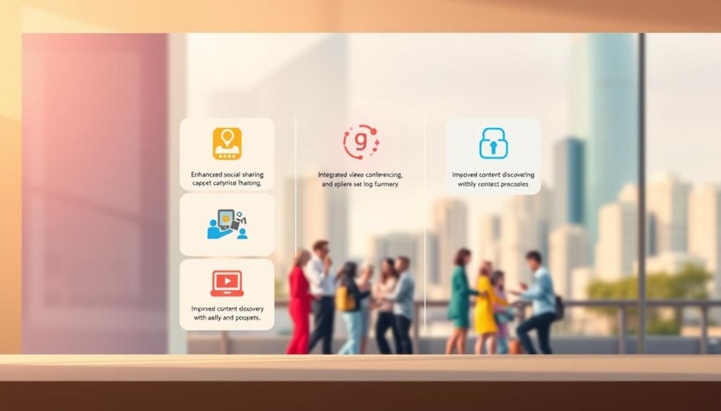 A vibrant and sleek illustration depicting the key benefits of Google Plus, set against a clean, modern backdrop. In the foreground, a grid of five colorful icons representing features like enhanced social sharing, integrated video conferencing, and improved content discovery. In the middle ground, a group of diverse people collaborating and engaging with the platform. The background features a soft, blurred cityscape, conveying a sense of progress and connectivity. The overall composition is balanced, with a warm, inviting color palette and sharp, high-contrast elements to draw the viewer's attention. Soft, directional lighting from the left side casts subtle shadows, adding depth and dimensionality to the scene.