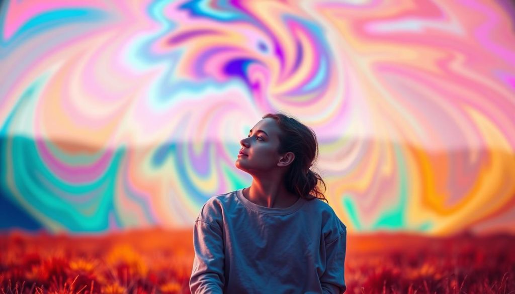 A vibrant and thought-provoking scene exploring the influence of color on the human mind. In the foreground, a person sits in a contemplative pose, their face bathed in a serene, pastel-hued light. The middle ground features a swirling, kaleidoscopic display of vibrant colors, each hue evoking a distinct emotional response. The background is a softly blurred, ethereal landscape, hinting at the subconscious realm where color's psychological impact takes root. Warm and cool tones interplay, creating a sense of balance and harmony. The image is captured with a shallow depth of field, drawing the viewer's focus to the central figure and the chromatic interplay. The overall atmosphere is one of introspection, inviting the observer to reflect on the profound ways in which color can shape our perceptions, emotions, and cognitive processes.
