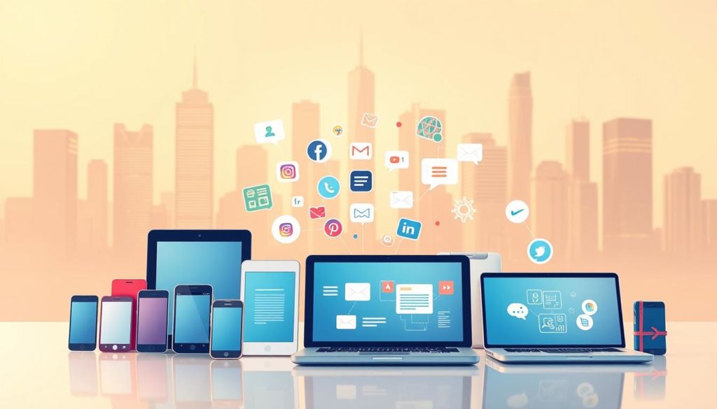 A vibrant and thoughtful illustration of "escolha das plataformas adequadas" for social media campaigns. In the foreground, a diverse group of digital devices - smartphones, tablets, laptops - arranged harmoniously, representing the array of platforms to consider. The middle ground features icons, logos, and UI elements, hinting at the unique features and capabilities of each platform. The background showcases a sleek, minimalist cityscape, evoking the modern, tech-savvy atmosphere of successful social media marketing. Warm, diffused lighting casts a subtle glow, creating an inviting, aspirational mood. The composition is balanced, dynamic, and visually compelling, guiding the viewer's eye through the various elements of platform selection.