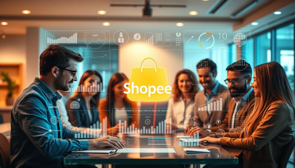 A vibrant and transparent affiliate marketing scene, with a foreground featuring a group of diverse affiliates collaborating on a digital dashboard, surrounded by an array of transparent graphs, charts, and data visualizations that convey the importance of transparency in their business practices. The middle ground showcases a glossy, futuristic-looking Shopee logo, subtly integrated into the scene. The background depicts a softly-lit, modern office environment, with clean lines and minimalist decor, creating an atmosphere of professionalism and trust. The lighting is warm and diffused, casting a gentle glow across the entire composition, symbolizing the transparency and openness of the affiliate marketing industry.