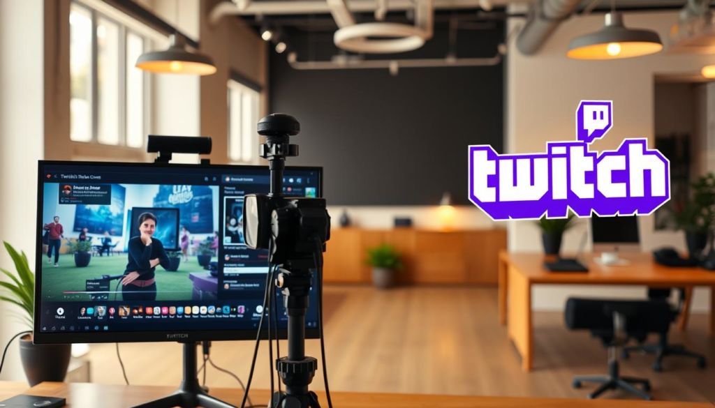 A vibrant and visually engaging Twitch ad composition, showcasing a dynamic live streaming setup. In the foreground, a large high-resolution display showcases a gaming scene, with a professional-looking webcam feed of a streamer in the corner. The middle ground features various Twitch branding elements, such as the recognizable logo and sleek UI components. The background is a well-lit, modern office space with tasteful decor and strategic lighting to create a polished, professional atmosphere. The overall scene conveys a sense of energy, expertise, and the potential for audience engagement and growth on the Twitch platform.