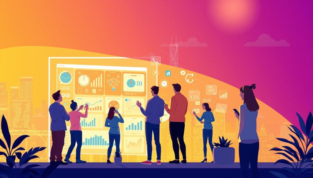 A vibrant and visually engaging illustration of a strategic social media marketing plan. In the foreground, a diverse group of individuals collaborating on a large, interactive touchscreen display, exploring data visualizations and brainstorming ideas. In the middle ground, a city skyline backdrop, representing the reach and impact of social media campaigns. Soft, warm lighting illuminates the scene, creating a dynamic and collaborative atmosphere. The overall composition conveys a sense of forward-thinking, data-driven strategy and the power of social connections to drive business success.