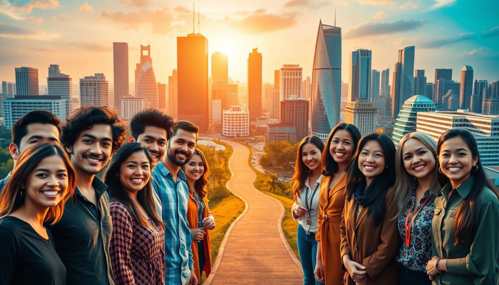 A vibrant and visually striking scene depicting "casos de sucesso" (successful cases). In the foreground, a group of smiling, diverse individuals stand together, their faces radiating success and accomplishment. Behind them, a bustling cityscape of gleaming skyscrapers and modern architecture, bathed in warm, golden light, symbolizes the growth and prosperity of their endeavors. In the middle ground, a winding path leads the eye through the scene, representing the journey to achievement. The overall composition conveys a sense of optimism, positivity, and the triumph of hard work and dedication.