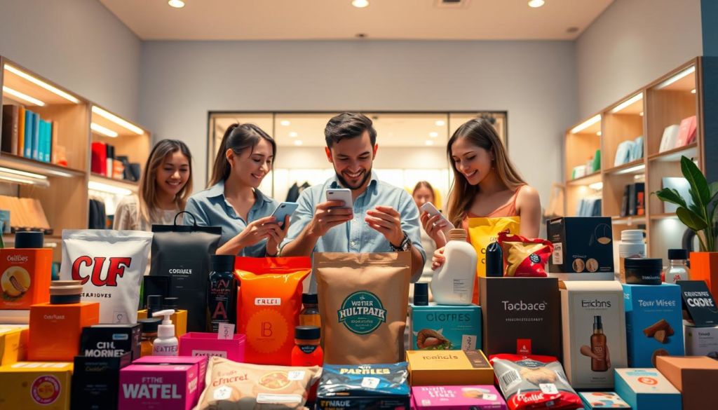 A vibrant and visually striking scene of successful D2C (Direct-to-Consumer) business examples. In the foreground, a diverse array of high-quality consumer products are prominently displayed, showcasing innovative packaging, branding, and design. The middle ground features a group of satisfied customers interacting with the products, examining them closely and exuding a sense of delight and engagement. In the background, a modern, minimalist storefront or online marketplace sets the stage, evoking a sleek, contemporary aesthetic. The lighting is warm and inviting, casting a gentle glow over the entire composition. The overall mood is one of confidence, quality, and a strong connection between the brand and the consumer, encapsulating the essence of a thriving D2C ecosystem.
