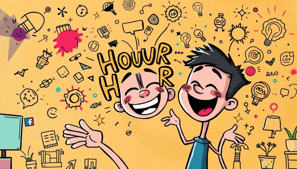 A vibrant and whimsical illustration showcasing the power of humor in communication. In the foreground, a cartoonish character gestures expressively, their face alight with mirth. Surrounding them, a collage of playful visual elements - doodles, speech bubbles, and colorful splatters - fill the frame, evoking a sense of lighthearted creativity. In the middle ground, a stylized representation of ideas and concepts flow organically, connected by threads of laughter and imagination. The background features a warm, gradient-based environment, with hints of texture and pattern that add depth and character to the scene. Lighting is soft and diffused, casting a warm, inviting glow over the entire composition. The overall mood is one of joy, playfulness, and the transformative potential of humor in the realm of ideas.