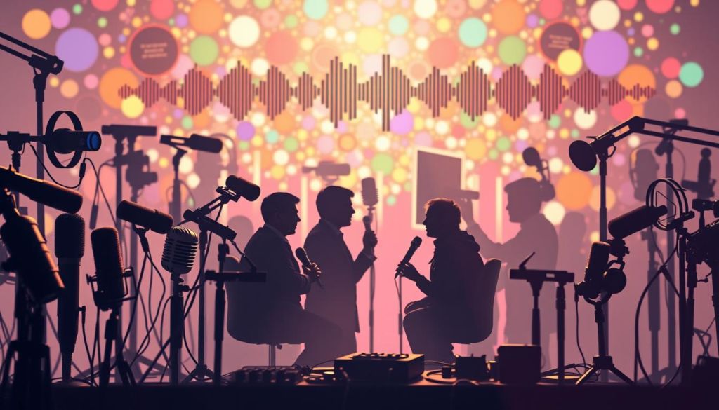 A vibrant array of podcast genres and styles, captured in a dynamic visual composition. In the foreground, a diverse collection of microphones, headphones, and recording devices, each representing a distinct type of podcast - from news and politics, to storytelling and true crime, to comedy and culture. In the middle ground, silhouettes of podcast hosts and guests, engaged in lively discussion against a backdrop of sound waves and audio visualizations. The background is a kaleidoscope of colors and shapes, evoking the wide-ranging themes and topics explored across the podcast landscape. Soft, directional lighting illuminates the scene, creating a sense of depth and emphasizing the different elements. The overall atmosphere is one of creativity, diversity, and the power of the spoken word to inform, entertain, and inspire.