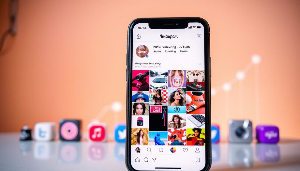 A vibrant, automated Instagram feed showcasing a dynamic collage of content. In the foreground, a mobile device displaying a carefully curated feed, with visually engaging posts, stories, and reels. The middle ground features various social media icons, seamlessly integrated to represent the automation and integration of different platforms. In the background, a sleek, minimalist backdrop accentuates the technological aspect, conveying a sense of efficiency and growth. Warm, diffused lighting creates a welcoming atmosphere, while a slightly elevated camera angle suggests an aspirational, success-driven narrative. The overall composition reflects the power of automated strategies to elevate an Instagram presence and drive growth.
