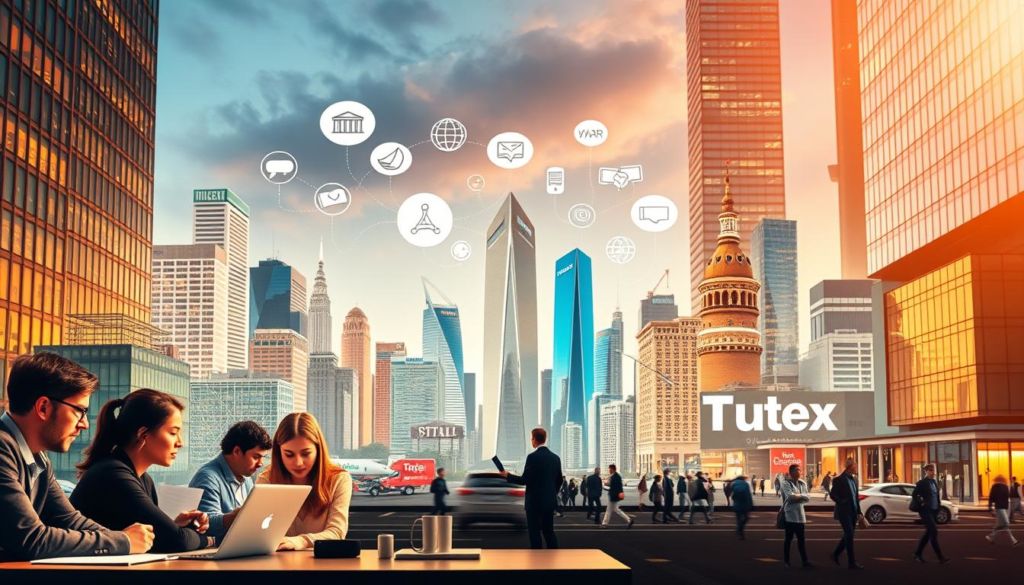A vibrant business scene showcasing Product-Led Growth (PLG) strategies in various sectors. In the foreground, dynamic teams collaborating on innovative digital products, their expressions focused and determined. The middle ground features a diverse array of industry icons - finance, healthcare, retail, and more - each sector represented by distinctive architectural elements and branding. The background depicts a cityscape of gleaming skyscrapers and bustling streets, bathed in warm, golden lighting that evokes a sense of progress and opportunity. The composition emphasizes the integration of PLG across multiple industries, conveying the transformative potential of this customer-centric approach.