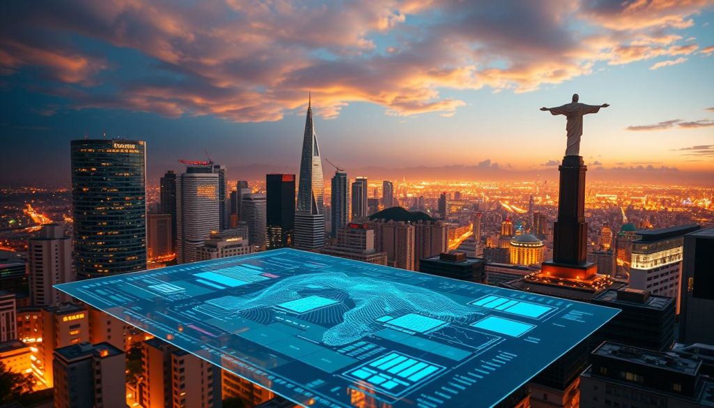 A vibrant, bustling cityscape of São Paulo, Brazil, showcasing the power of big data. In the foreground, a dynamic data visualization dashboard displayed on a large holographic screen, its intricate patterns and graphs reflecting the complex insights gleaned from massive datasets. In the middle ground, office skyscrapers and sleek high-tech facilities, representing the thriving technology sector harnessing the potential of big data. In the background, a panoramic view of the iconic skyline, with the Christ the Redeemer statue overlooking the city, symbolizing Brazil's embrace of the data-driven future. The scene is illuminated by warm, golden-hued lighting, conveying a sense of progress and opportunity. The overall atmosphere is one of innovation, productivity, and Brazil's pivotal role in the era of big data.