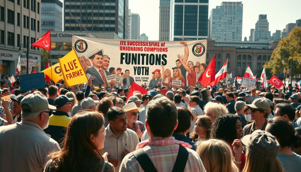 A vibrant, bustling crowd of union workers and activists gathered in a sunlit public square, engaged in lively discussions and demonstrations. In the foreground, a group of diverse individuals passionately share ideas, their gestures and expressions conveying a sense of unity and resolve. The middle ground features a large banner or mural depicting successful union campaigns and achievements, drawing the eye inward. The background showcases the city skyline, suggesting a thriving urban context. The scene is illuminated by warm, natural lighting, casting a hopeful and inspiring atmosphere, capturing the essence of effective union communication and collective action.