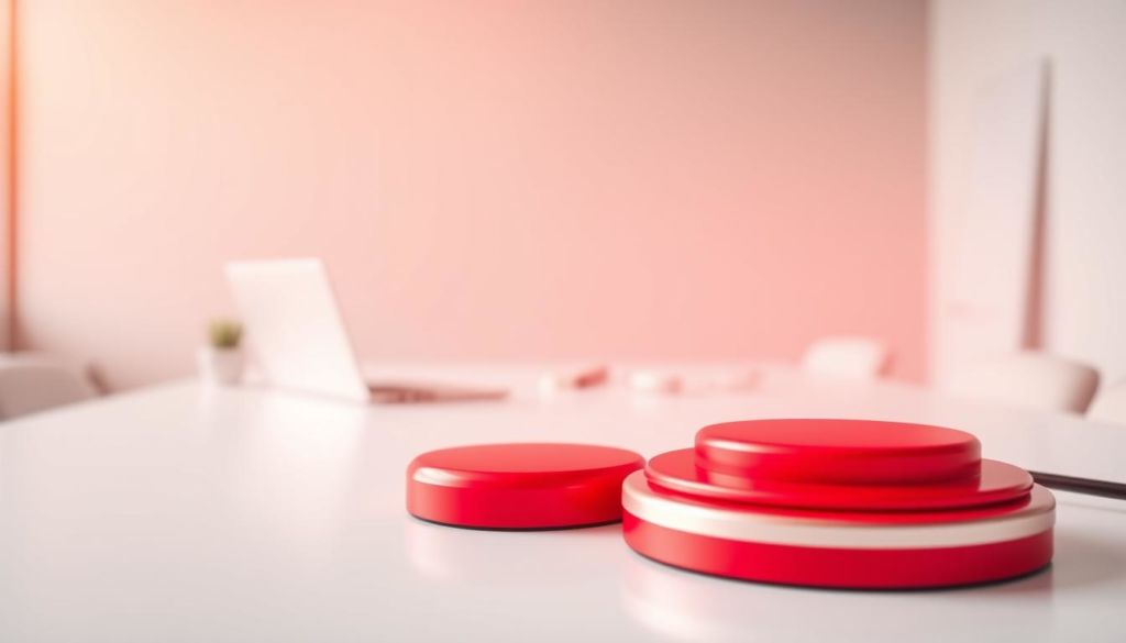 A vibrant call to action, set against a backdrop of a modern, minimalist office. In the foreground, a striking red button, its metallic surface gleaming under the warm, focused lighting. The button is positioned prominently, drawing the viewer's gaze and inviting them to engage. In the middle ground, a clean, white desk with a sleek laptop and a few carefully placed office accessories, suggesting a professional, high-efficiency workspace. The background is a soft, blurred gradient of neutral tones, creating a sense of depth and emphasizing the call to action as the central focus. The overall mood is one of efficiency, clarity, and a sense of forward momentum, reflecting the purpose of an effective call to action.