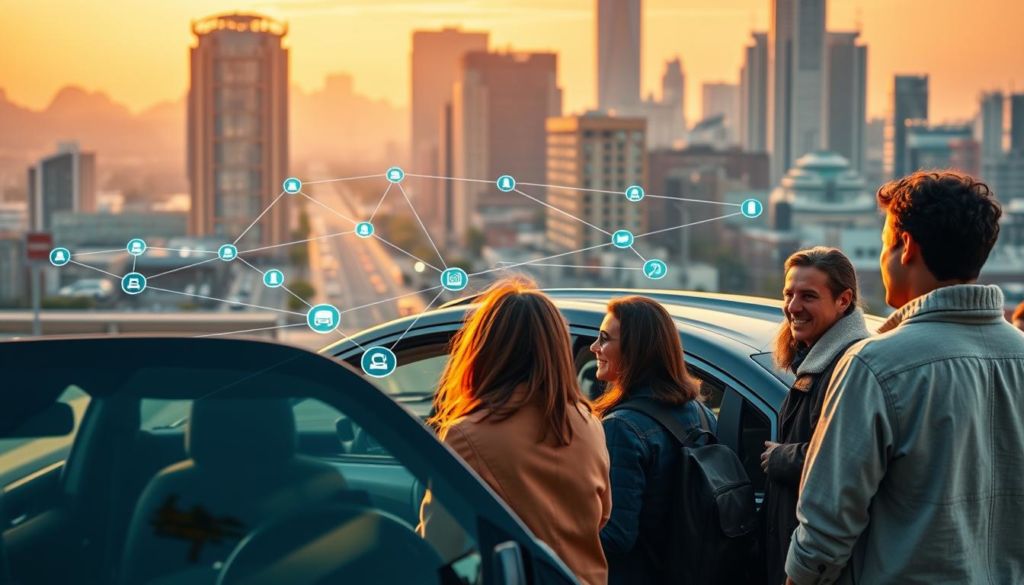 A vibrant carpooling platform set against a bustling urban backdrop. In the foreground, a group of commuters, diverse in age and background, gather around a sleek, modern vehicle, their expressions animated as they coordinate their shared ride. The middle ground showcases a network of interconnected digital interfaces, seamlessly connecting drivers and passengers. In the distance, the skyline of a thriving city rises, its towering structures and glowing lights conveying a sense of progress and innovation. Warm, natural lighting bathes the scene, lending an optimistic, collaborative atmosphere. The overall composition emphasizes the convenience, efficiency, and communal spirit of this carpooling service, a solution for the modern, eco-conscious commuter.