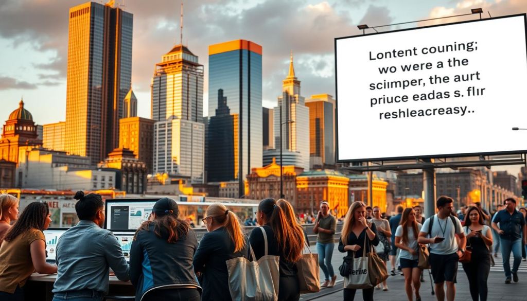 A vibrant city skyline with a dynamic mix of modern high-rises and historical architecture, bathed in warm, golden hour lighting. In the foreground, a group of diverse, engaged professionals huddle around a table, collaborating on a content marketing strategy, their laptop screens reflecting the glow of analytical dashboards and creative mood boards. In the middle ground, a bustling street scene with people carrying branded tote bags and smartphone-wielding influencers capturing the energy of the urban environment. The background features a billboard displaying a thought-provoking message about the power of content to drive leads and attract the right audience.