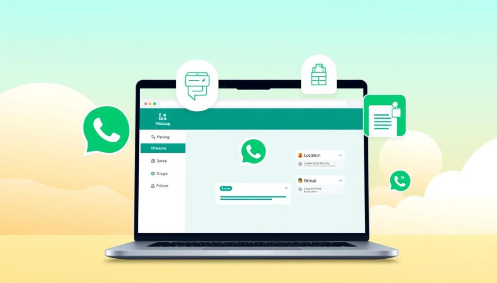 A vibrant, clean-lined illustration showcasing the key features of WhatsApp Web. In the foreground, a laptop display depicts the WhatsApp Web interface, with crisp icons and intuitive controls. The middle ground features stylized renderings of common WhatsApp functions like file sharing, location tracking, and group chat. The background has a subtle, gradient-filled sky, conveying a sense of modernity and digital connectivity. The overall composition is balanced, with a bright, welcoming color palette and a focus on the user experience. Lighting is soft and diffused, creating a professional, editorial-style image.