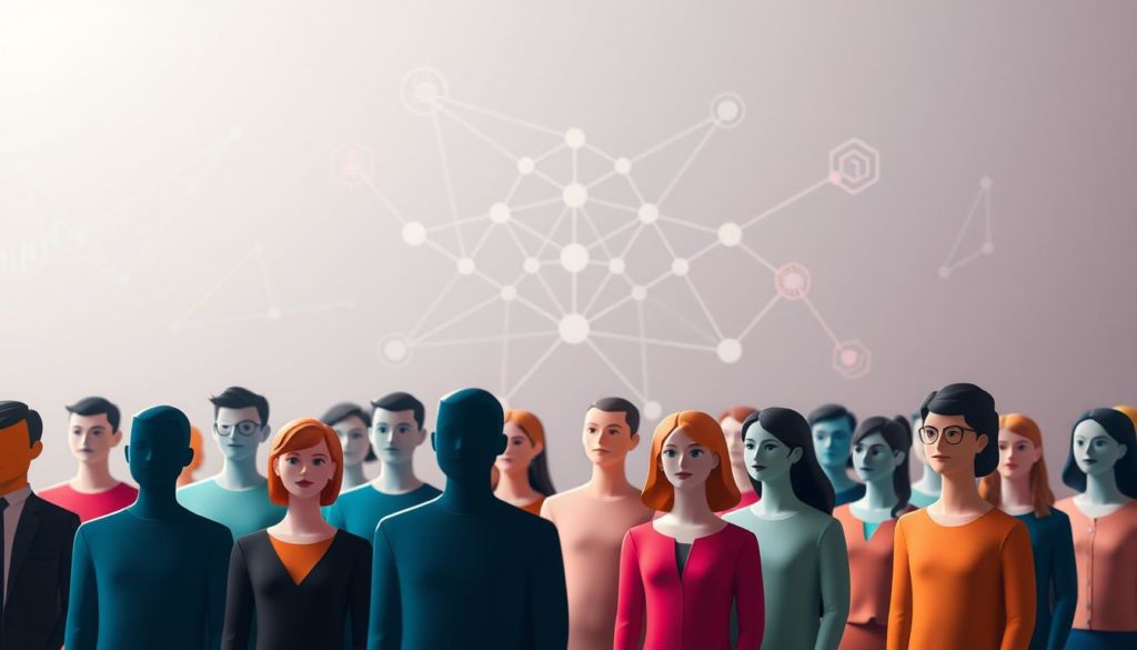 A vibrant, cohesive scene depicting the concept of audience segmentation. In the foreground, a diverse group of stylized human figures, each with distinct personalities and characteristics, representing the target audience. The middle ground features a network of interconnected nodes and lines, visually demonstrating the segmentation and data-driven insights. The background showcases a clean, minimalist design with subtle gradients and geometric patterns, conveying a sense of order and structure. The lighting is soft and diffused, creating a balanced and professional aesthetic. The overall composition emphasizes the key elements of audience analysis and targeted marketing strategies.