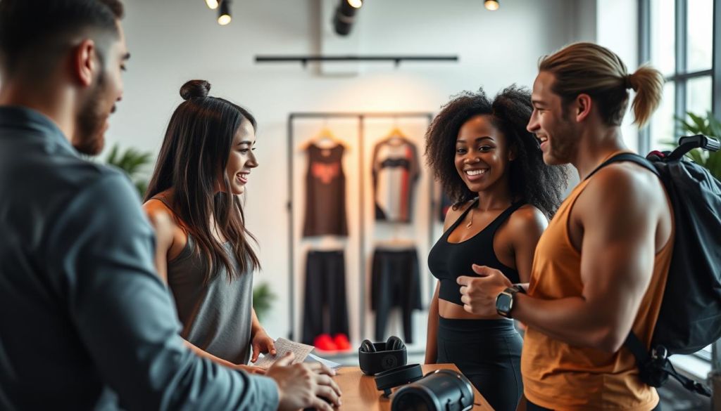 A vibrant collaboration between fitness influencers and brands, captured in a dynamic composition. In the foreground, two influencers engage in a lively discussion, their expressions animated as they exchange ideas. In the middle ground, a product display showcases the latest fitness apparel and accessories, subtly integrated into the scene. The background features a modern, minimalist studio setting, with soft, natural lighting illuminating the collaborative atmosphere. The overall mood conveys a sense of synergy, where influencers and brands work together to create impactful marketing strategies that resonate with their audience.