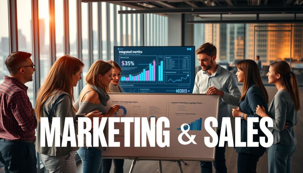 A vibrant, collaborative scene depicting the intersection of marketing and sales. In the foreground, a team of professionals huddle around a whiteboard, brainstorming strategies and analyzing data. Warm lighting casts a focused glow, highlighting their engaged expressions. In the middle ground, a large display showcases integrated campaign metrics, underscoring the symbiotic relationship between these two vital business functions. The background features a panoramic view of a modern office, with city skyline visible through floor-to-ceiling windows, emphasizing the dynamic, ever-evolving nature of the marketing-sales dynamic. The overall atmosphere conveys a sense of shared purpose, innovation, and a relentless drive towards growth.