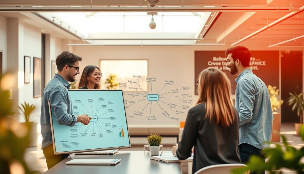 A vibrant, collaborative workspace where knowledge is freely shared. In the foreground, colleagues gathered around a table, engaged in lively discussion, their faces alight with the exchange of ideas. Mid-ground, a sleek digital whiteboard displays a mind map of interconnected concepts, inviting further exploration. The background features an expansive, sun-drenched open-plan office, its walls adorned with inspirational artwork and motivational quotes, fostering an atmosphere of creativity and innovation. Warm, soft lighting casts a serene glow, complementing the modern, minimalist design aesthetic. Capturing the essence of knowledge sharing, this image conveys a sense of intellectual synergy and professional camaraderie.