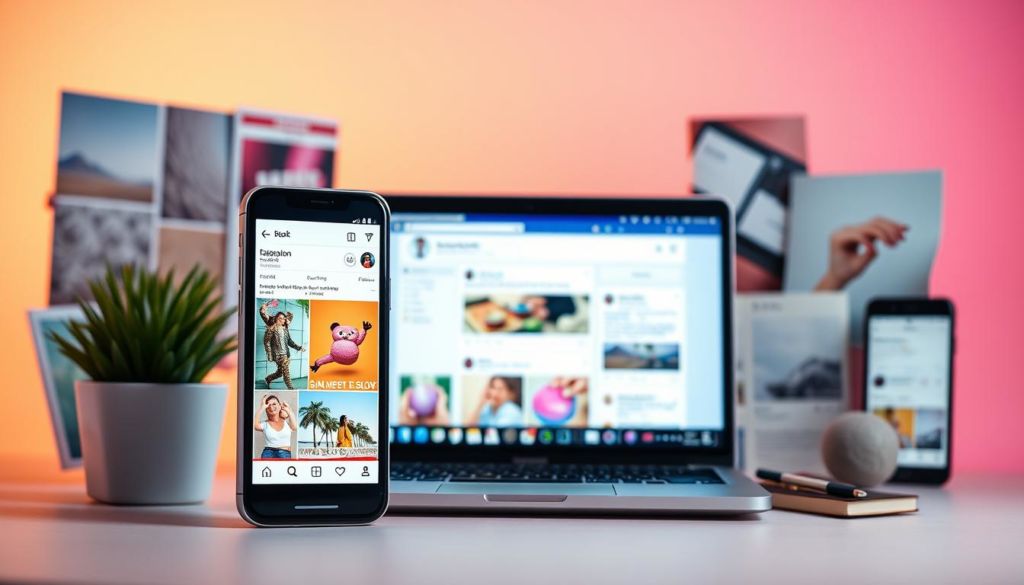 A vibrant collage depicting diverse social media posts, with a clean, minimalist aesthetic. In the foreground, a stylized smartphone display showcases various Instagram-style posts, including product shots, lifestyle imagery, and playful graphics. The middle ground features a laptop screen displaying Facebook and Twitter feeds, highlighting engaging copy and visuals. In the background, a muted pastel gradient provides a visually striking backdrop, conveying a sense of digital connectivity and creativity. The entire scene is bathed in soft, directional lighting, accentuating the polished, professional nature of the social media content. The overall composition strikes a balance between the digital and the tangible, inspiring a sense of effective social media marketing.