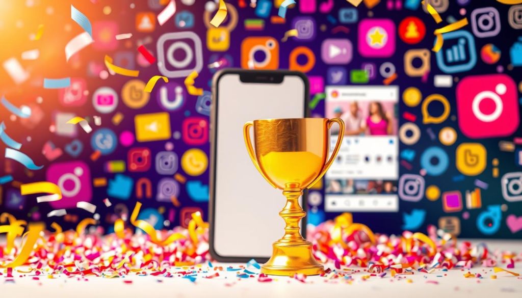 A vibrant collage of colorful Instagram elements, showcasing a modern and eye-catching "divulgação sorteio" design. In the foreground, a gleaming gold trophy stands tall, symbolizing the grand prize, surrounded by a cascade of confetti in a burst of celebratory energy. The middle ground features a sleek, minimalist smartphone display, its screen filled with a stylized Instagram post announcing the giveaway, complete with striking typography and enticing graphics. In the background, a dynamic array of Instagram icons, hashtags, and interface elements create a visually striking, social media-inspired backdrop, evoking a sense of digital engagement and online community. Warm, diffused lighting bathes the scene, lending a polished, professional aesthetic suitable for the "Guia: Como Realizar um Sorteio do Instagram" article.