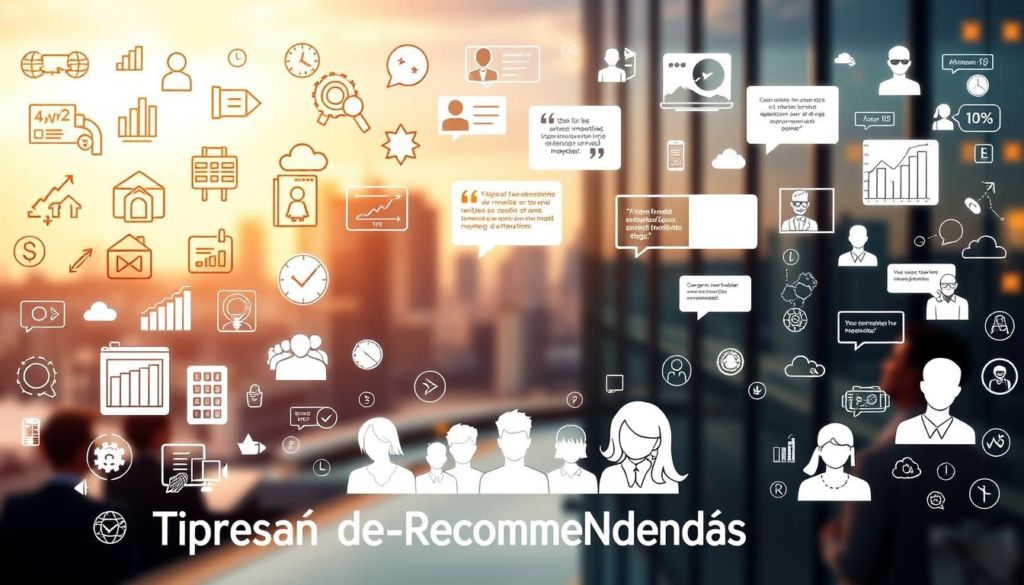 A vibrant collage of various recommendation marketing techniques, depicted with a professional, high-quality aesthetic. In the foreground, a dynamic arrangement of digital icons, graphs, and customer testimonials, conveying the diverse methods of recommendation-driven promotion. The middle ground features a group of stylized avatars, representing the interconnected networks of influencers, referrers, and satisfied customers. In the background, a soft, blurred cityscape provides a modern, urban setting, suggesting the widespread adoption of recommendation marketing strategies in the contemporary business landscape. The lighting is warm and inviting, with a subtle depth of field effect, creating a sense of depth and visual interest. The overall composition is balanced and visually striking, capturing the essence of the "Tipos de Marketing de Recomendação" section.