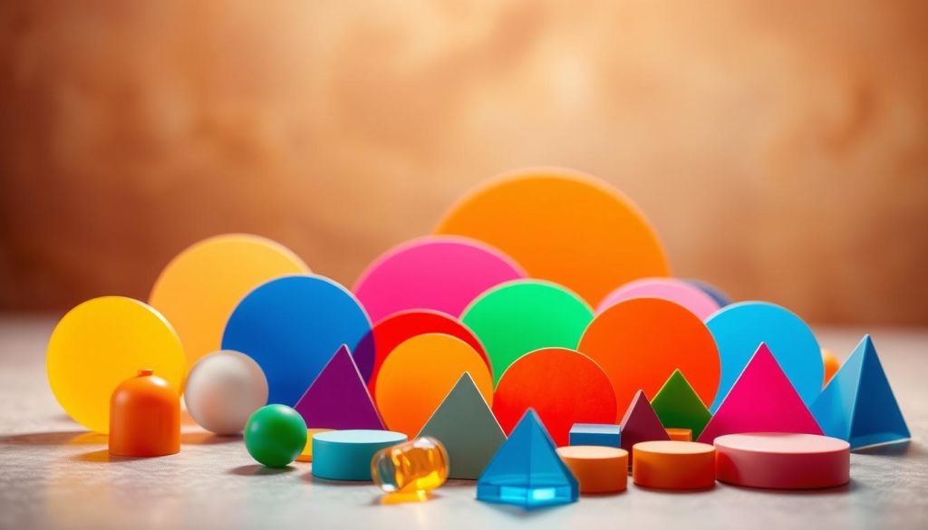 A vibrant color palette, captured in a radiant still life composition. In the foreground, an array of colorful geometric shapes - circles, triangles, and rectangles - arranged in a harmonious balance. The midground features a soft, diffused lighting that casts gentle shadows, highlighting the vibrant hues. In the background, a warm, subtly textured backdrop adds depth and a sense of atmosphere, evoking a contemplative mood. The overall aesthetic is one of playful elegance, inviting the viewer to explore the emotive power of color.