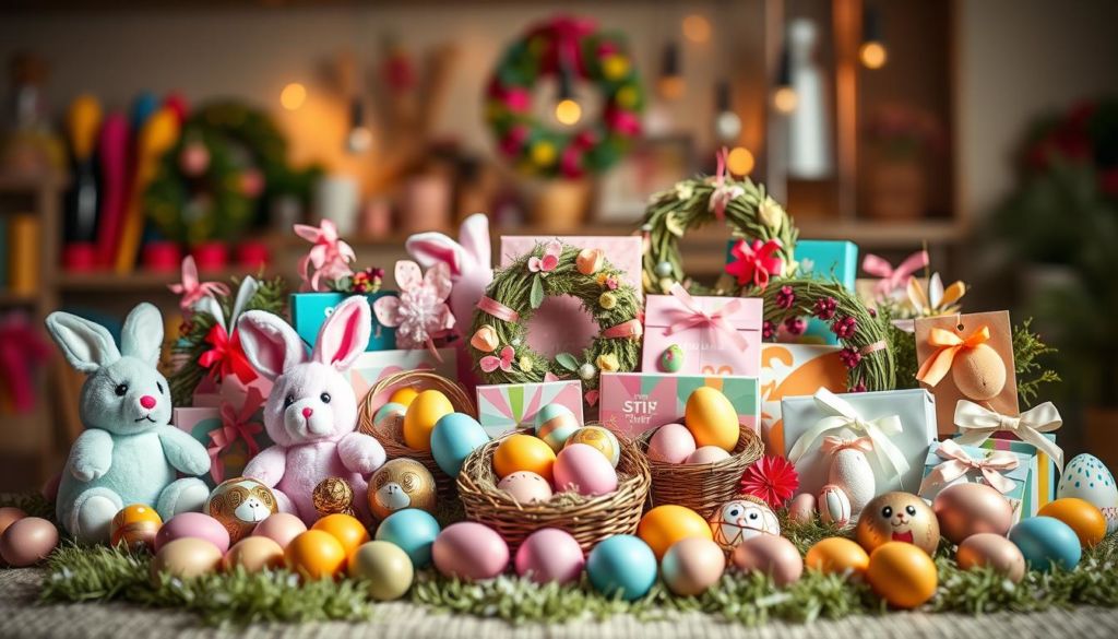 A vibrant, colorful image showcasing the success of a Easter marketing campaign. In the foreground, a collection of various Easter-themed products and decorations - plush bunnies, pastel-colored eggs, ornamental wreaths, and festive packaging. The middle ground features a dynamic arrangement of these elements, strategically positioned to create an engaging, visually striking composition. The background is softly blurred, allowing the products to take center stage and convey a sense of celebration and prosperity. Warm, directional lighting casts subtle shadows, enhancing the three-dimensional quality and creating a warm, inviting atmosphere. The overall tone is one of vibrant, cheerful success, perfectly capturing the essence of a thriving Easter marketing campaign.