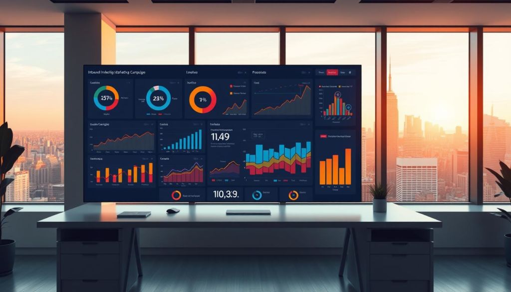 A vibrant data visualization dashboard in a minimal, modern design. The central focus is a series of interactive graphs and charts depicting various key performance indicators for inbound marketing campaigns. The background features a clean, minimalist workspace with a large window overlooking a bustling city skyline, bathed in warm, golden-hour lighting. The overall aesthetic conveys a sense of professionalism, efficiency, and data-driven decision making.