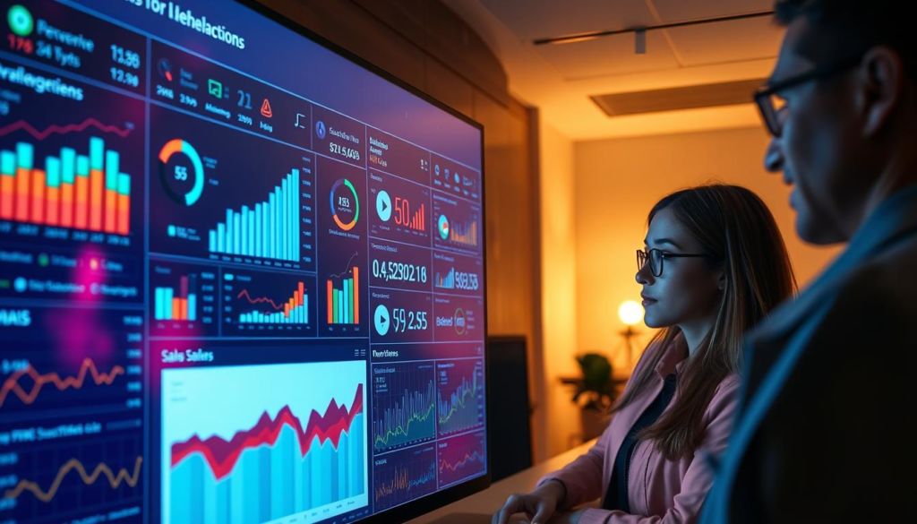 A vibrant data visualization dashboard showcasing key sales metrics and trends, illuminated by soft, directional lighting that casts dynamic shadows across the screen. The foreground features an intuitive interface with interactive charts, graphs, and data visualizations that provide deep insights into customer behavior and purchasing patterns. The middle ground depicts data analysts diligently examining the information, faces aglow with the display's luminance as they uncover actionable insights to drive sales growth. In the background, a warm, minimalist office setting with clean lines and neutral tones provides a serene, focused environment for data-driven decision-making.