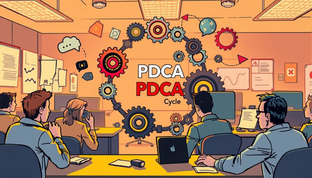 A vibrant, detailed illustration of "errors in the PDCA cycle". In the foreground, various missteps are depicted - a confused team debating, a stalled project, a flawed data analysis. In the middle ground, the cyclical PDCA process is represented by interconnected gears, cogs, and feedback loops, but they are jammed and malfunctioning. In the background, an office environment with desks, computers, and whiteboards creates a sense of a corporate setting. Warm, muted lighting casts shadows and highlights the chaotic nature of the scene. The overall tone is one of frustration and challenge, emphasizing the importance of properly implementing the PDCA methodology.