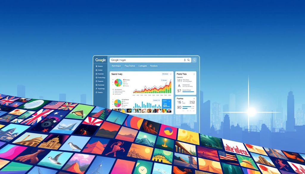 A vibrant, detailed visualization of Google Image search trends, captured in a stylized digital illustration. In the foreground, a dynamic, colorful grid of thumbnail images representing the most popular search queries, conveying the diversity and evolution of visual content discovery. The middle ground features a sleek, futuristic dashboard interface, with intuitive data visualizations and interactive controls, highlighting key insights and patterns in search behavior. The background sets the scene with a minimal, elegant cityscape, hinting at the global reach and impact of the Google Images platform. The overall composition evokes a sense of technological sophistication, user-centric design, and the ever-changing landscape of visual information.