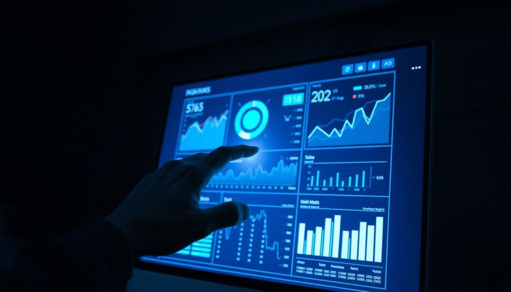 A vibrant digital data analysis dashboard displayed on a futuristic computer screen, bathed in a soft blue-green glow. Intricate visualizations and charts illuminate the screen, depicting sales performance metrics, trend lines, and market insights. The interface is sleek and minimalist, with clean typography and intuitive navigation controls. In the foreground, a hand hovers over the touchscreen, interacting with the dynamic data models. The background is cast in shadows, allowing the illuminated dashboard to take center stage. The overall mood is one of focused professionalism, technological sophistication, and data-driven decision making.