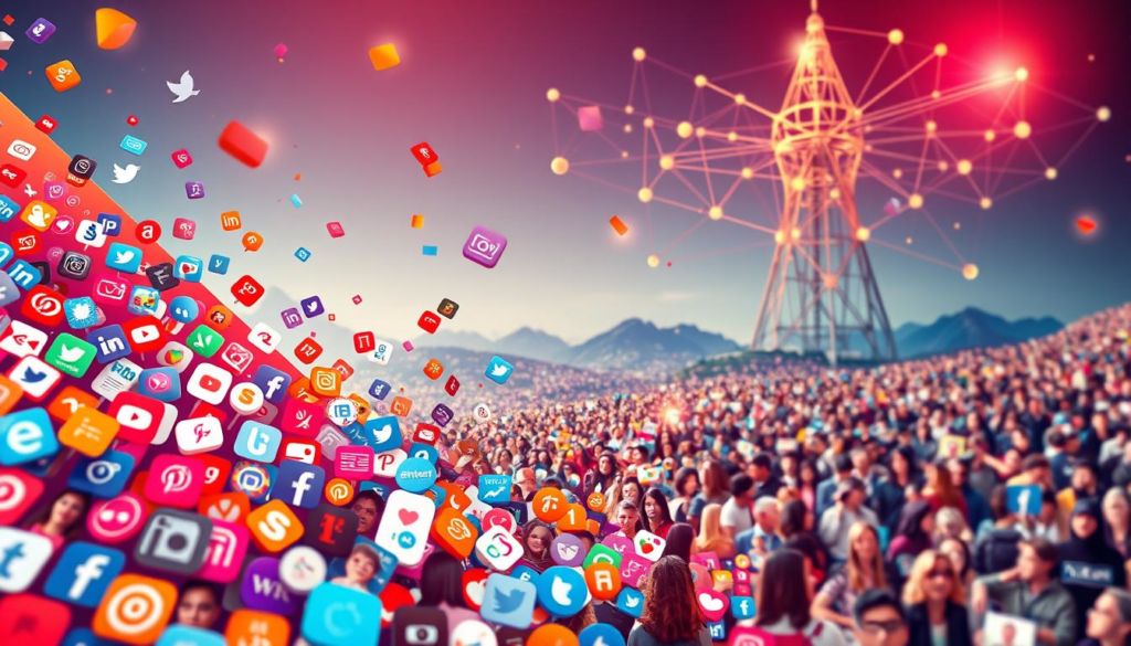 A vibrant digital landscape depicting the evolution of social media platforms. In the foreground, a cascade of various social media icons, each representing a distinct era, cascading dynamically against a backdrop of flowing geometric shapes and lines. The middle ground showcases a collage of diverse user avatars, reflecting the global reach and diverse participation in social media. In the distance, a towering network of interconnected nodes and hubs symbolizes the expansive, ever-evolving nature of the social media ecosystem. Warm, vibrant lighting casts a sense of energy and progress, while subtle lens flares and depth-of-field blur convey a sense of movement and technological advancement. The overall composition aims to capture the dynamic, transformative nature of social media's continuing evolution.