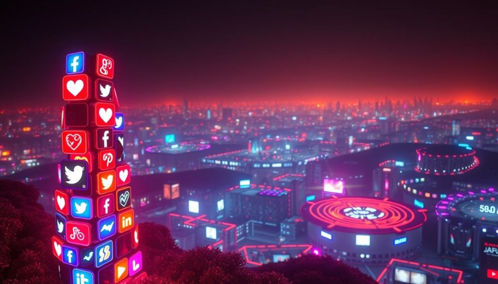 A vibrant digital landscape, pulsing with viral content. At the forefront, a towering stack of glowing, shapeshifting social media icons, their neon glow casting a hypnotic spell. In the middle ground, a swirling vortex of shareable memes, viral videos, and trending hashtags, all competing for attention. In the distance, a hazy horizon of interconnected digital platforms, their data streams converging into a vast, ever-expanding network. The scene is bathed in a warm, saturated light, evoking a sense of infectious energy and the relentless drive to create and consume content that captivates the modern audience.