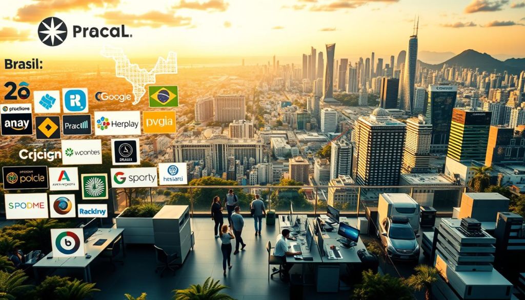 A vibrant digital landscape showcasing the success stories of Brazilian businesses. In the foreground, a dynamic collage of corporate logos, product images, and financial graphs, capturing the essence of thriving digital-first enterprises. The middle ground features sleek, modern office spaces, bustling with productive activity, as professionals collaborate and innovate. In the background, a panoramic view of the iconic cityscapes of major Brazilian cities, symbolizing the country's economic growth and technological advancement. Warm, golden lighting casts a tone of optimism and prosperity, while a wide-angle lens emphasizes the scale and scope of these exemplary digital successes.