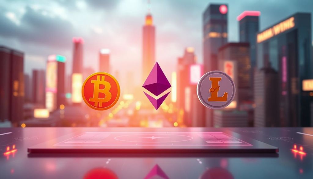 A vibrant digital landscape where cryptocurrencies flourish, captured through a cinematic lens. In the foreground, a trio of colorful cryptocurrency icons - Bitcoin, Ethereum, and Litecoin - float ethereally, their edges blurred to convey a sense of motion and dynamism. The middle ground features a sleek, minimalist user interface, hinting at the ease of integrating crypto payments into e-commerce platforms. In the background, a cityscape of towering skyscrapers and glowing neon signs symbolizes the global, interconnected nature of the crypto economy. Warm, diffused lighting casts a futuristic glow, while a subtle depth-of-field effect draws the viewer's focus to the central payment icons. The overall atmosphere is one of innovation, progress, and the vast potential of cryptocurrencies to revolutionize e-commerce.