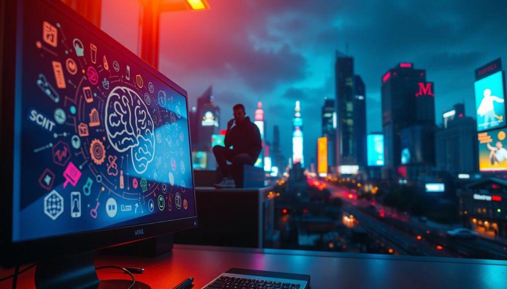 A vibrant digital landscape, with a captivating interplay of light and shadow. In the foreground, a computer screen displays intricate, mind-bending icons and symbols, representing the power of mental triggers in digital marketing. The middle ground features a stylized human figure, deep in thought, contemplating the nuances of persuasion. In the background, a cityscape of towering skyscrapers and neon-lit billboards, symbolizing the dynamic, ever-evolving world of online advertising. The scene is bathed in a warm, inviting glow, creating a sense of depth and atmosphere. Captured with a wide-angle lens, the composition guides the viewer's eye through the layers of this thought-provoking digital realm.