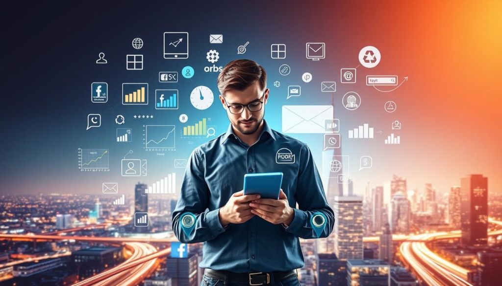 A vibrant digital landscape with a central figure representing the modern marketing professional. The foreground depicts a person using a tablet or smartphone, surrounded by a flurry of data visualizations, analytics dashboards, and digital marketing icons. The middle ground showcases various digital marketing channels and platforms, such as social media, email, and search engine optimization. The background features a sleek, minimalist cityscape, symbolizing the urban, fast-paced nature of the digital world. The lighting is bright and crisp, with a warm, inviting tone, conveying a sense of innovation and progress. The overall atmosphere is one of dynamism, connectivity, and the seamless integration of technology and marketing.