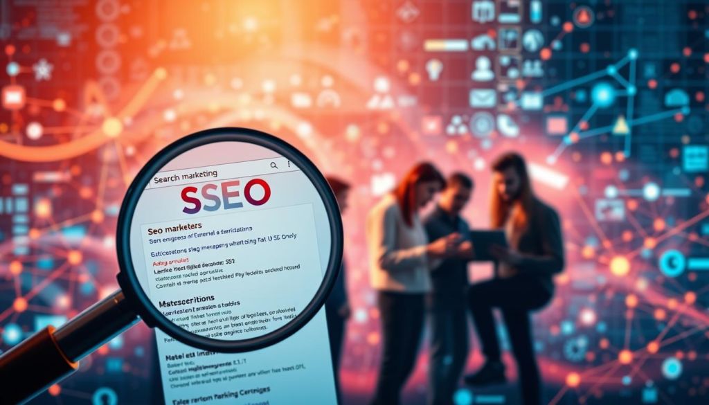 A vibrant digital landscape with a central focus on SEO and digital marketing. In the foreground, a digital magnifying glass highlights a search engine results page, showcasing various SEO elements such as titles, meta descriptions, and ranking positions. In the middle ground, a team of digital marketers collaborates, strategizing and analyzing data on their laptops and tablets, all bathed in a warm, tech-inspired lighting. In the background, a grid of interconnected digital icons and symbols symbolizes the vast interconnected world of online marketing and optimization. The overall mood is one of focused, dynamic digital innovation.