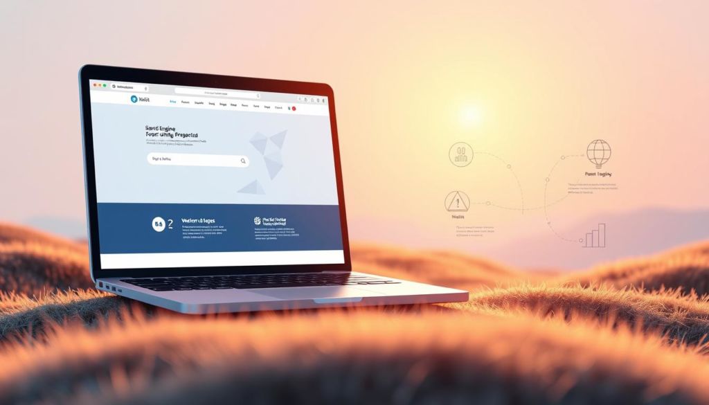 A vibrant digital landscape with a sleek laptop computer taking center stage, its screen radiating a warm glow. In the foreground, a stylized web browser window displays a clean, modern website design, hinting at the power of a robust online presence. The middle ground features minimalist icons and infographic elements, illustrating key strategies for search engine optimization and digital marketing. The background showcases a soft, ethereal gradient, evoking the boundless potential of the digital realm. The overall composition conveys a sense of professionalism, innovation, and a deep understanding of the importance of a strong online identity for language schools.