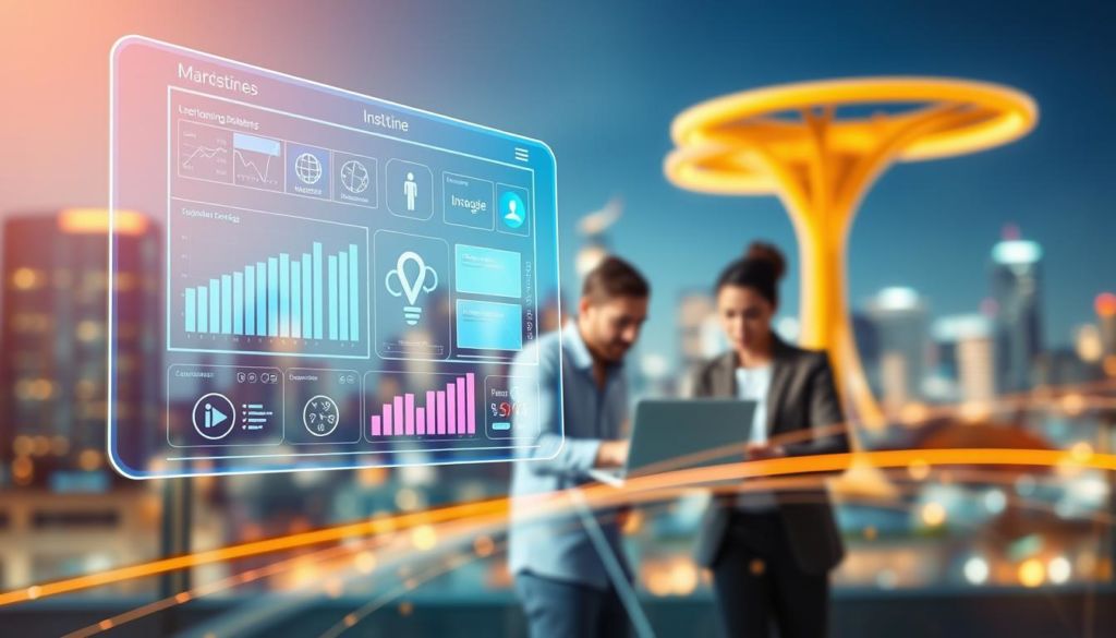 A vibrant digital marketing landscape, with a sleek futuristic interface floating in the foreground, displaying analytics, social media icons, and digital advertising elements. In the middle ground, a team of professionals collaborating on a laptop, strategizing digital campaigns. In the background, a blurred cityscape, symbolizing the interconnected global reach of modern marketing. Lit by a warm, natural light, creating a sense of productivity and innovation. Captured with a wide-angle lens to convey the comprehensive nature of digital marketing tools and solutions.