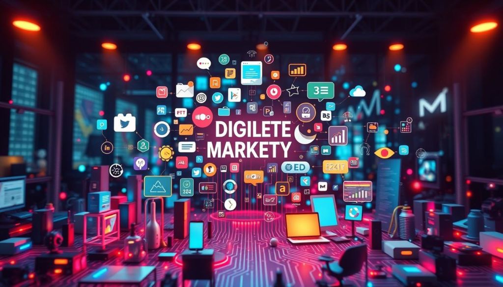 A vibrant digital marketing strategy landscape, with a central focal point showcasing a diverse array of online marketing tactics. Striking the perfect balance between innovation and effectiveness, the image portrays a dynamic digital ecosystem, replete with social media channels, search engine optimization tactics, content marketing assets, and targeted advertising campaigns. A warm, inviting lighting casts an air of professionalism and expertise, while a cinematic, wide-angle lens captures the holistic, interconnected nature of modern digital marketing. The overall mood is one of strategic prowess, technological savvy, and a relentless pursuit of digital marketing excellence.