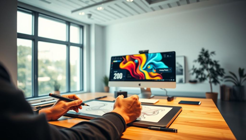 A vibrant digital workspace with a sleek, modern aesthetic. In the foreground, a designer's hands craft engaging visual content - sketching, painting, and manipulating digital assets with precise, flowing movements. The middle ground features a neatly organized desk with a state-of-the-art drawing tablet, stylus, and a high-resolution monitor displaying a visually captivating design in progress. In the background, a minimalist, airy room with large windows allowing natural light to pour in, casting a warm, focused glow over the scene. The atmosphere exudes creativity, productivity, and a passion for creating impactful, visually stunning content.
