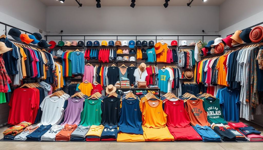 A vibrant display of diverse apparel and accessories, showcasing a thriving product line. In the foreground, a selection of colorful t-shirts, tank tops, and hoodies arranged neatly, reflecting the versatility of the collection. In the middle ground, various accessories such as hats, bags, and scarves complement the textiles, creating a cohesive and well-curated display. The background features a clean, minimalist studio setting with subtle lighting, allowing the products to take center stage. The overall atmosphere conveys a sense of creativity, innovation, and a commitment to offering a wide range of options to cater to diverse customer preferences.
